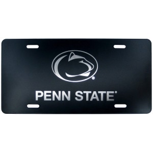 black stainless steel license plate with engraved Penn State and Athletic Logo